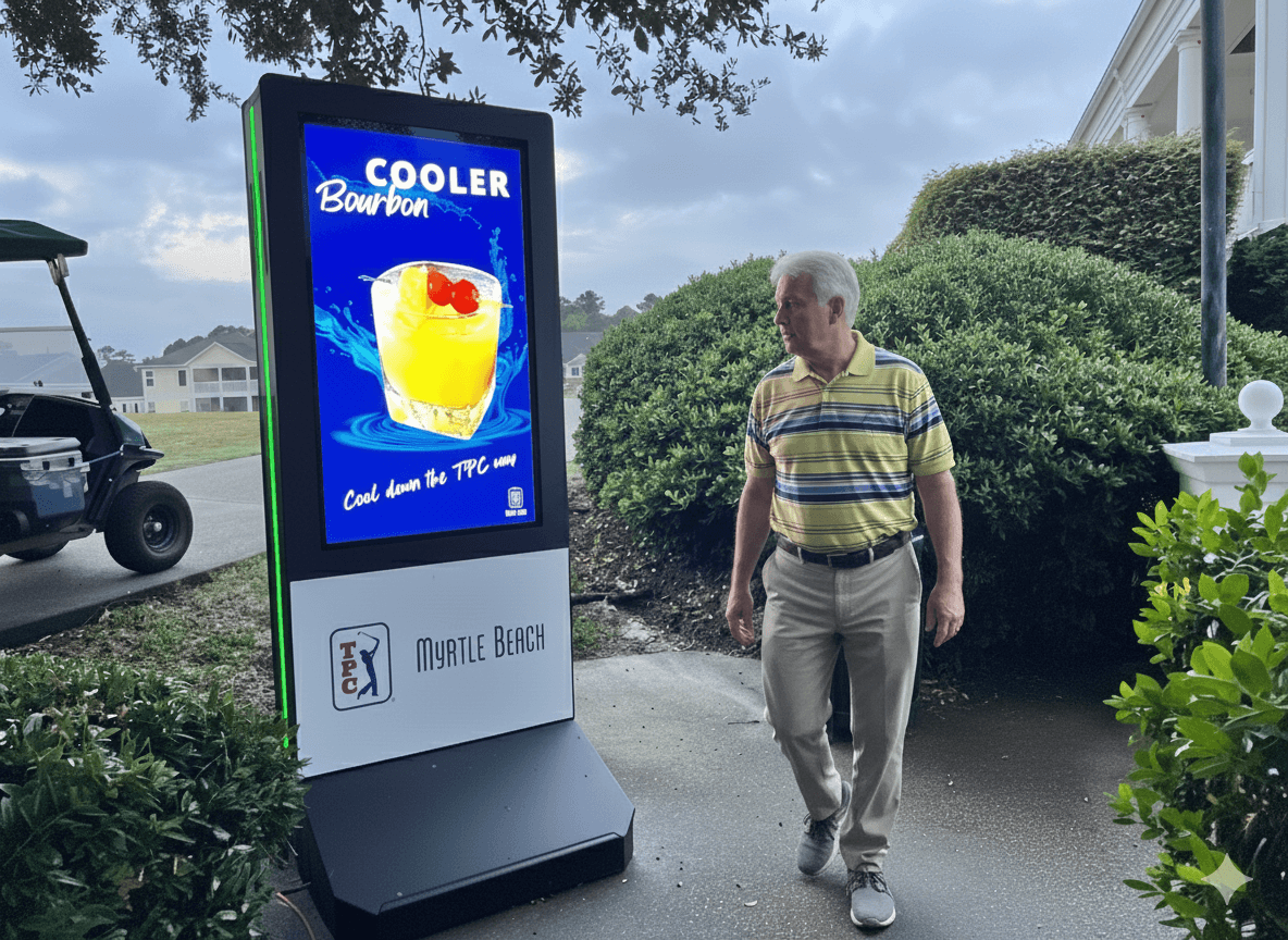 BIG Digital kiosks at TPC Myrtle Beach, South Carolina, promote food & beverage specials, pro shop offers, and sponsor activations.