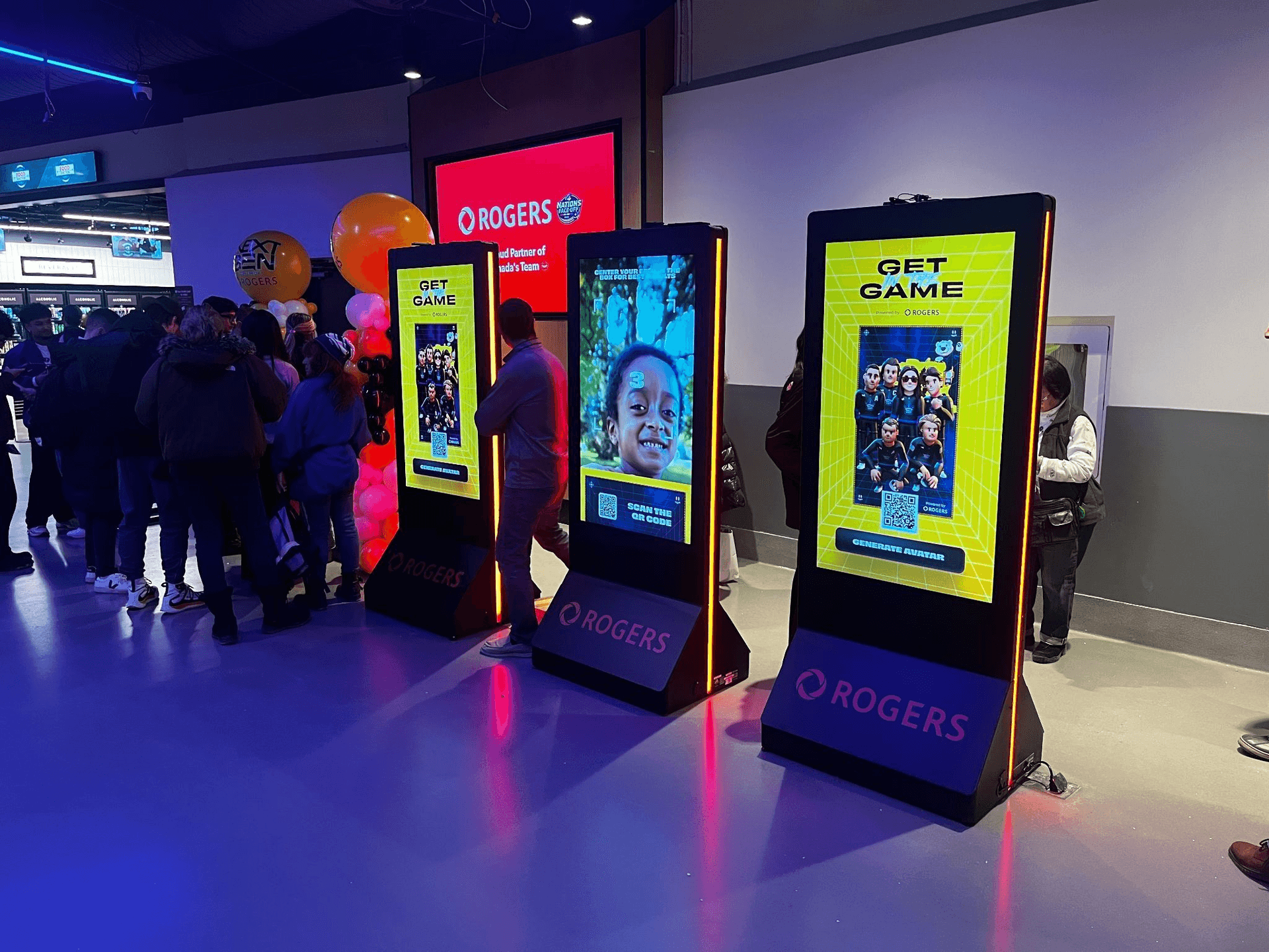 BIG Digital's portable Event Network kiosks support fan engagement, sponsor activations, QR code experiences, and real-time audience interaction during a Rogers live sports activation.