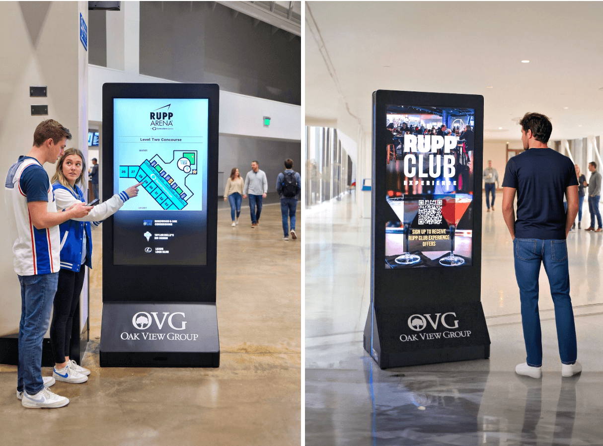 BIG Digital kiosks at Rupp Arena providing interactive wayfinding, digital guest communications and premium venue experiences as part of Oak View Group's venue technology initiative.